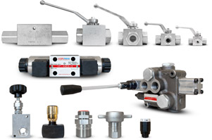 Elementy hydrauliki siłowej: elementy złączne, manometry, regulatory przepływu, rozdzielacze sterowane elektrycznie, rozdzielacze sterowane ręcznie, szybkozłącza, zawory zwrotne, złącza pomiarowe